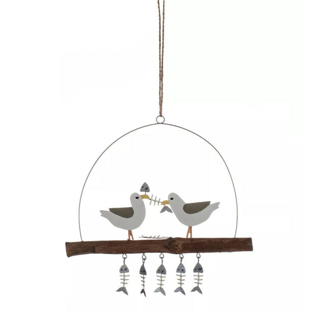 Shoeless Joe 15cm Metal Seagull and Fish Driftwood Hanger - Old Railway Line Garden Centre