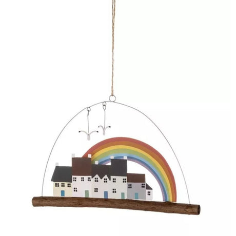Shoeless Joe 18cm Cottages with Rainbow Hanging Ornament - Old Railway Line Garden Centre