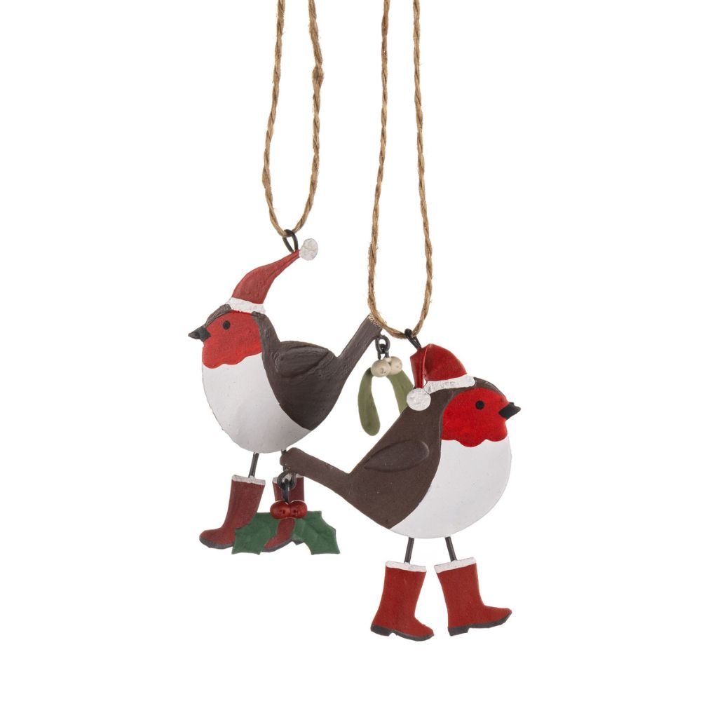 Shoeless Joe Robin in Wellies with Holly Metal Hanging Decoration