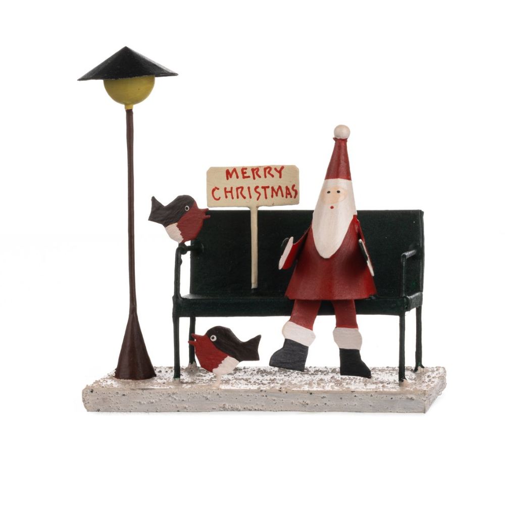 Shoeless Joe Santa on Park Bench Metal Ornament