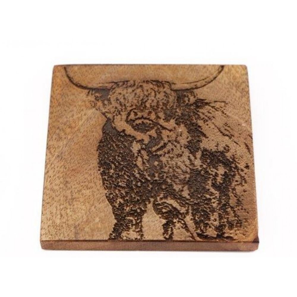 Sifcon 10cm Wooden Engraved Highland Cow Coasters - (Set of 4) - Old Railway Line Garden Centre