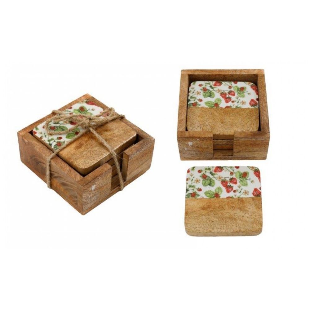 Sifcon Wooden & Enamel Strawberry Coasters - (Set of 4)