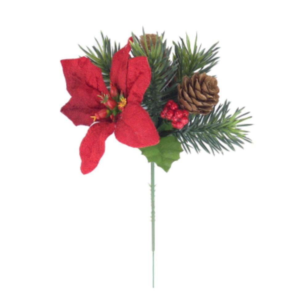 Sincere Floral 20cm Poinsettia, Berry & Pinecone Pick