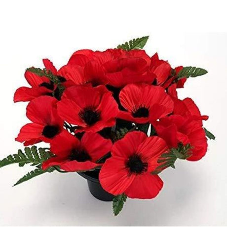 Sincere Floral 25cm Artificial Red Poppy Fern Grave Pot