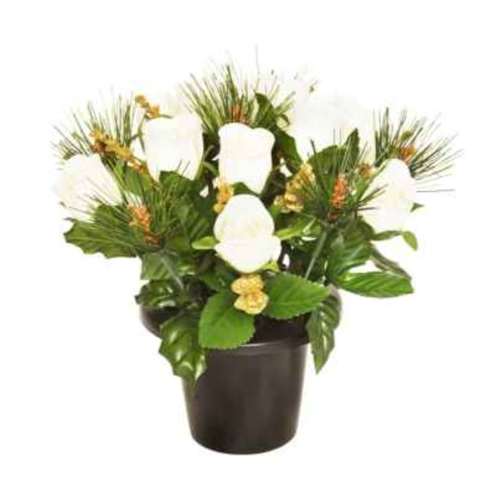 Sincere Floral 25cm Cream Rosebud & Eucalyptus Grave Pot