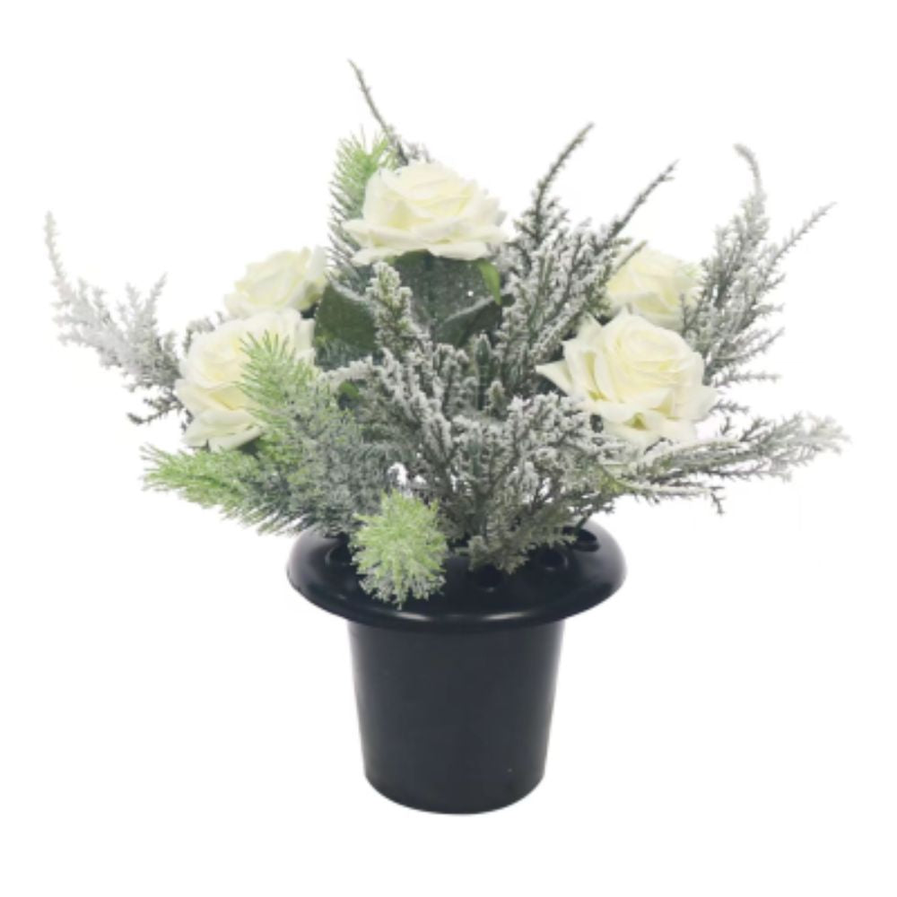 Sincere Floral 25cm Frosted Cream Rose Grave Pot