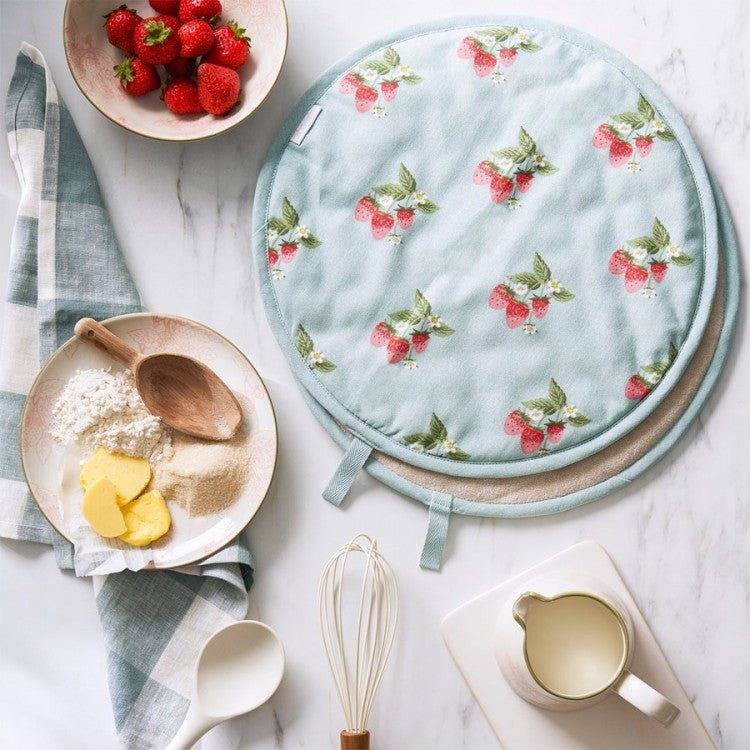 Sophie Allport Strawberries Blue Circular Hob Cover - Old Railway Line Garden Centre