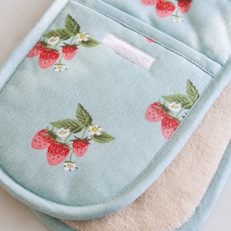 Sophie Alport Strawberries Blue Double Oven Glove - Old Railway Line Garden Centre