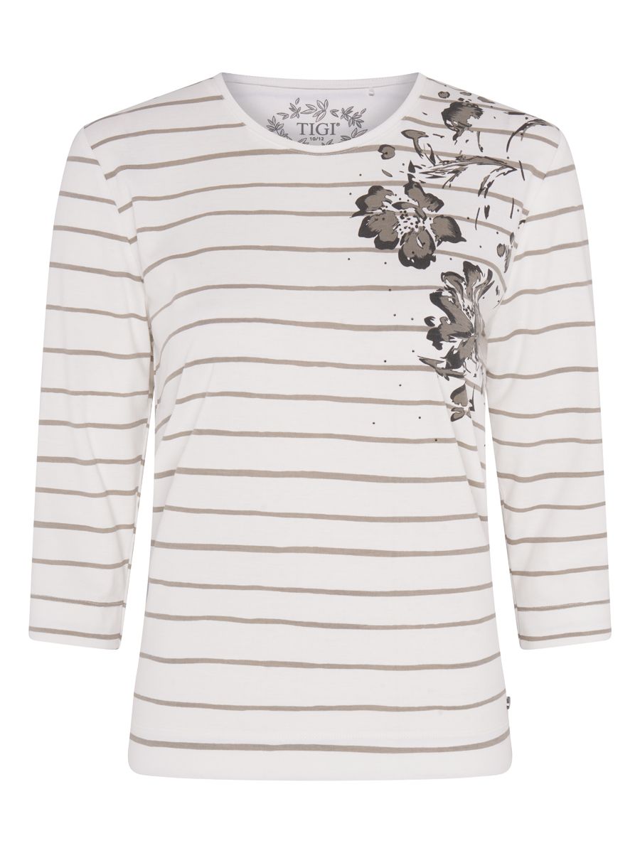 TIGI 14/16 Cream Floral Placement Print Stripe Top - T25-04A