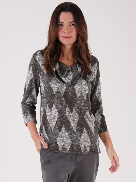 TIGI 10/12 Grey Argyle Print Cowl Neck Top - T25-04B
