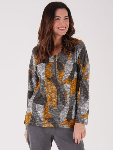 TIGI 18/20 Grey/Orange Graphic Tonal Geometric Zip Front Top - T25-04C