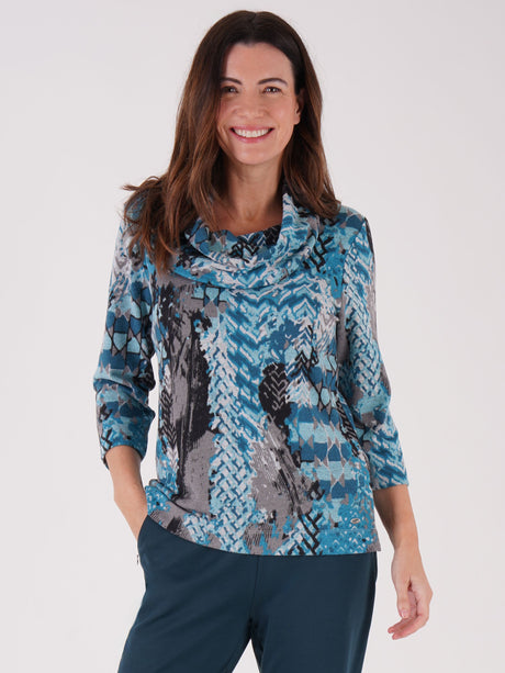 TIGI 22/24 Teal Ash Abstract Print Cowl Neck Top - T25-06C