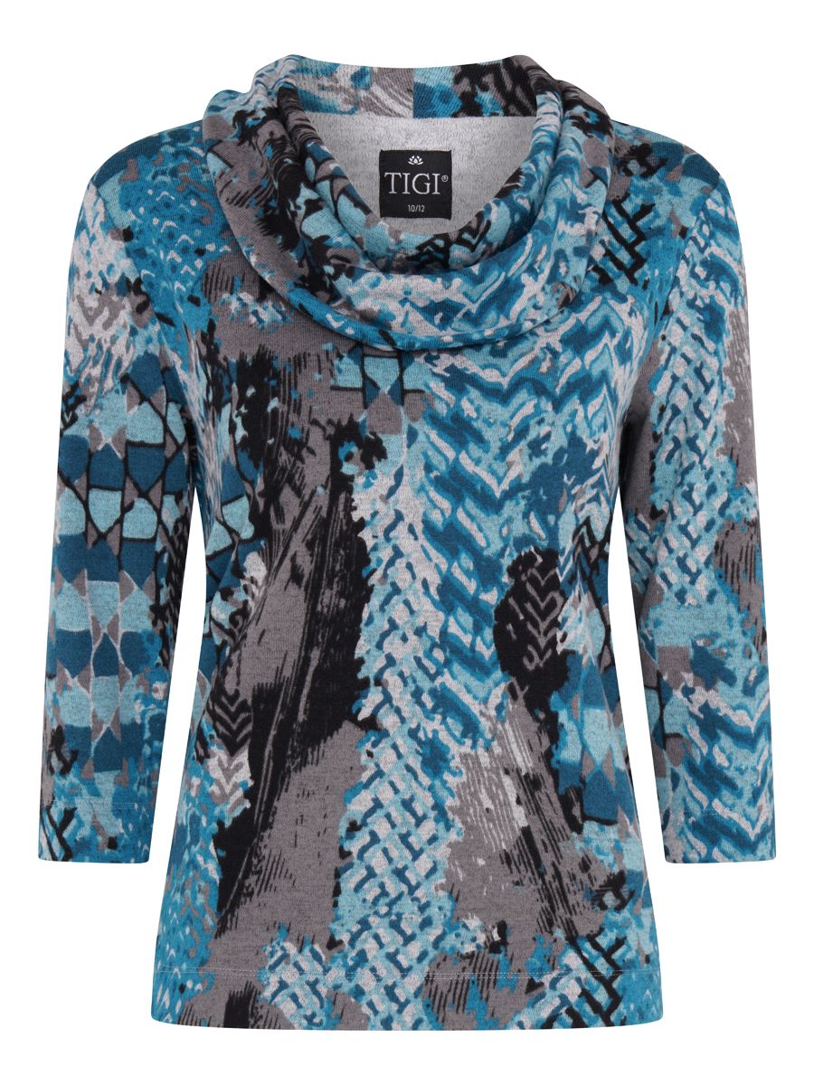 TIGI 14/16 Teal Ash Abstract Print Cowl Neck Top - T25-06C