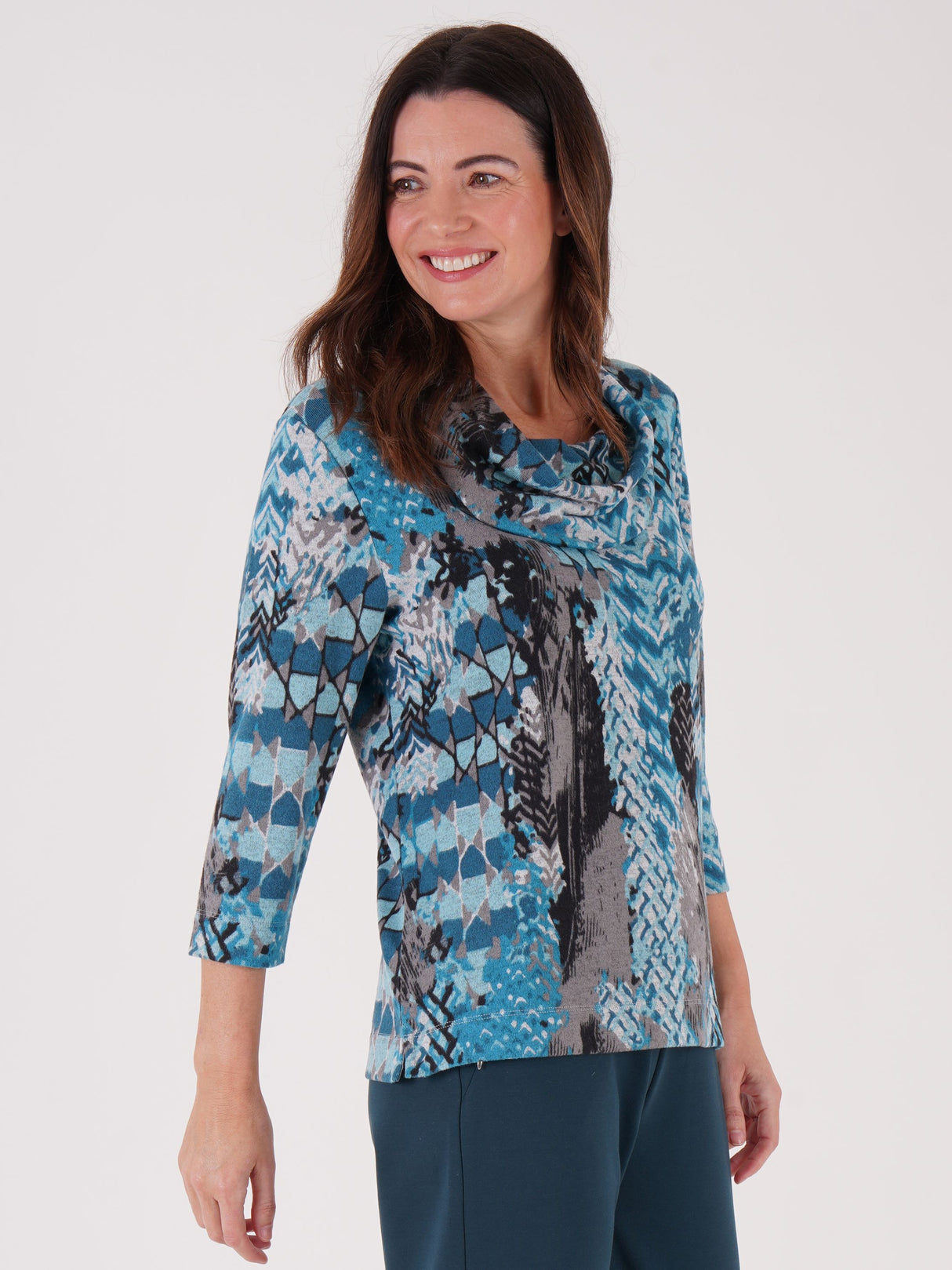 TIGI 14/16 Teal Ash Abstract Print Cowl Neck Top - T25-06C