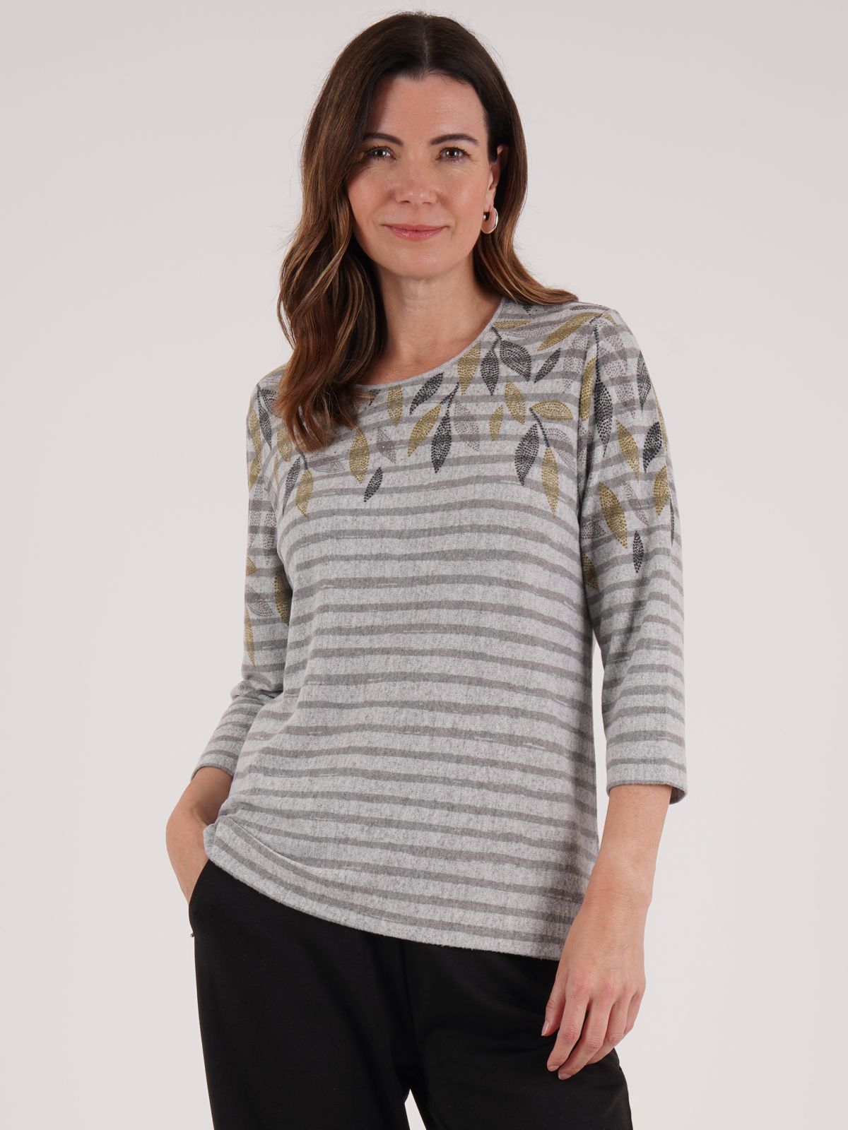 TIGI 18/20 Grey Leaf Print Stripe Round Neck Top - T25-07B