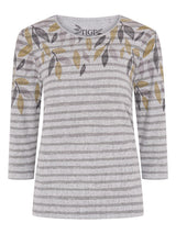 TIGI 14/16 Grey Leaf Print Stripe Round Neck Top - T25-07B