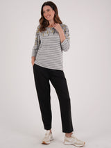 TIGI 18/20 Grey Leaf Print Stripe Round Neck Top - T25-07B