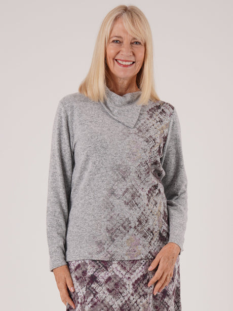 TIGI 10/12 Grey Split Mosaic Print Cowl Neck Top - T25-08A