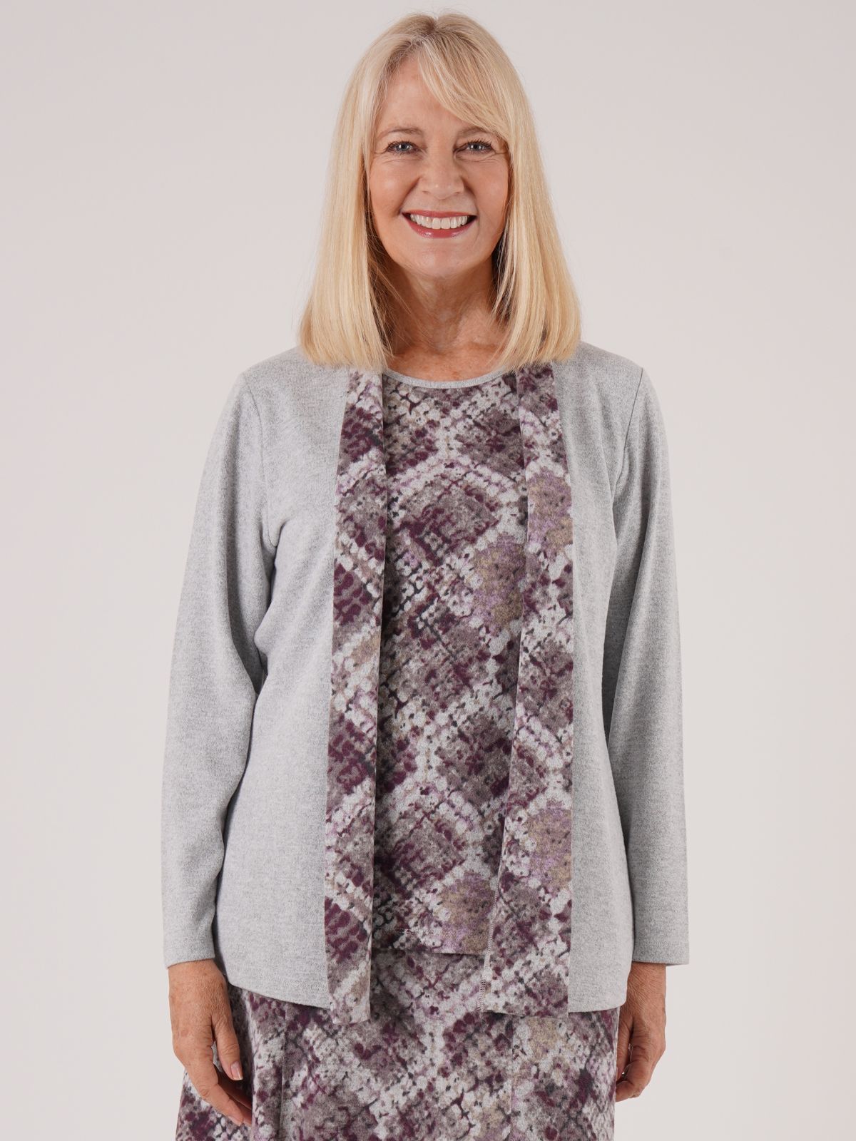TIGI 10/12 Grey/Purple Mosaic Print Mock Cardi Tunic - T25-08D