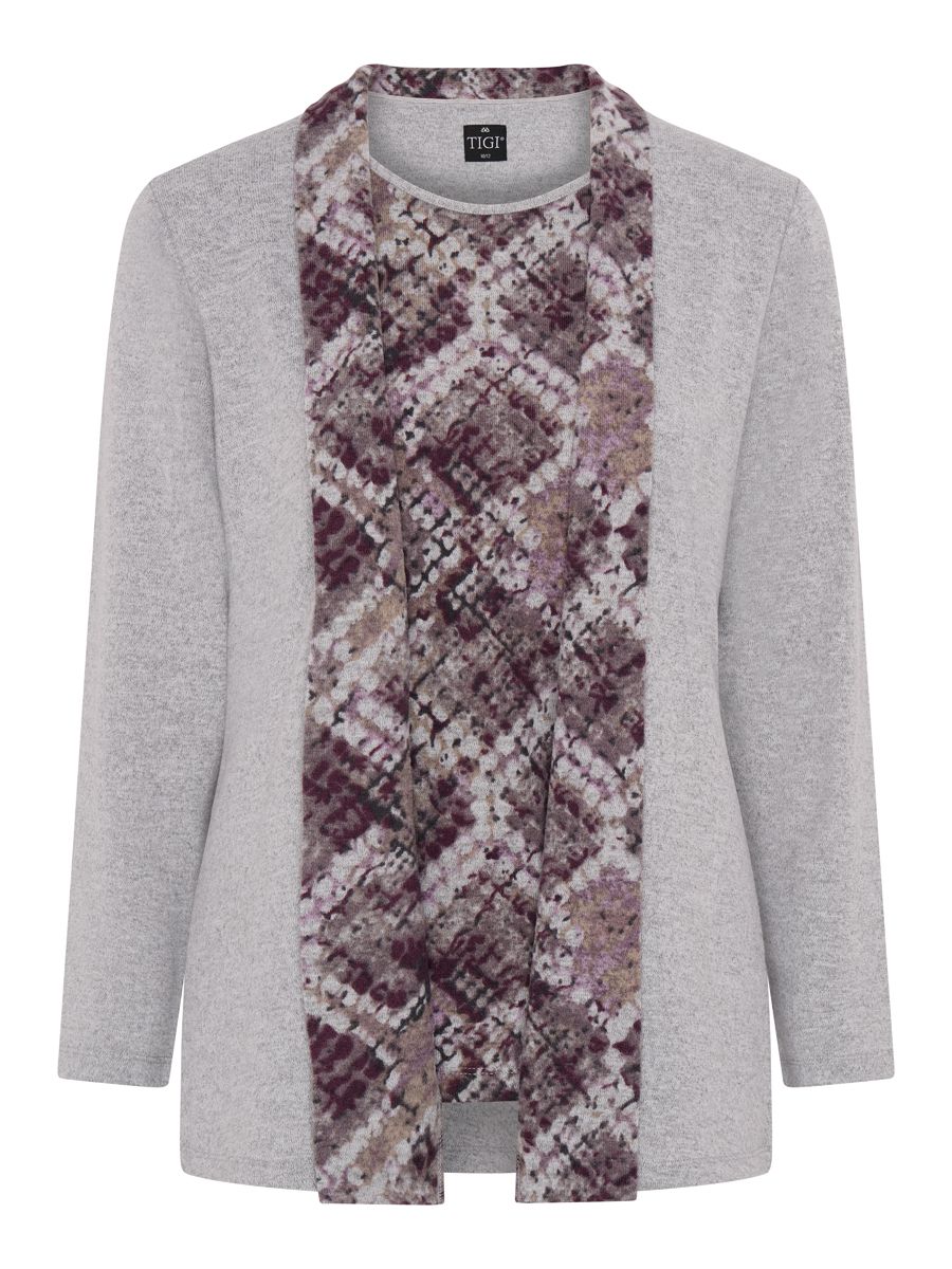 TIGI 10/12 Grey/Purple Mosaic Print Mock Cardi Tunic - T25-08D