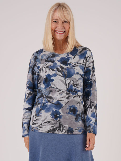 TIGI 18/20 Blue Blur Floral Print Crew Neck Top - T25-09C