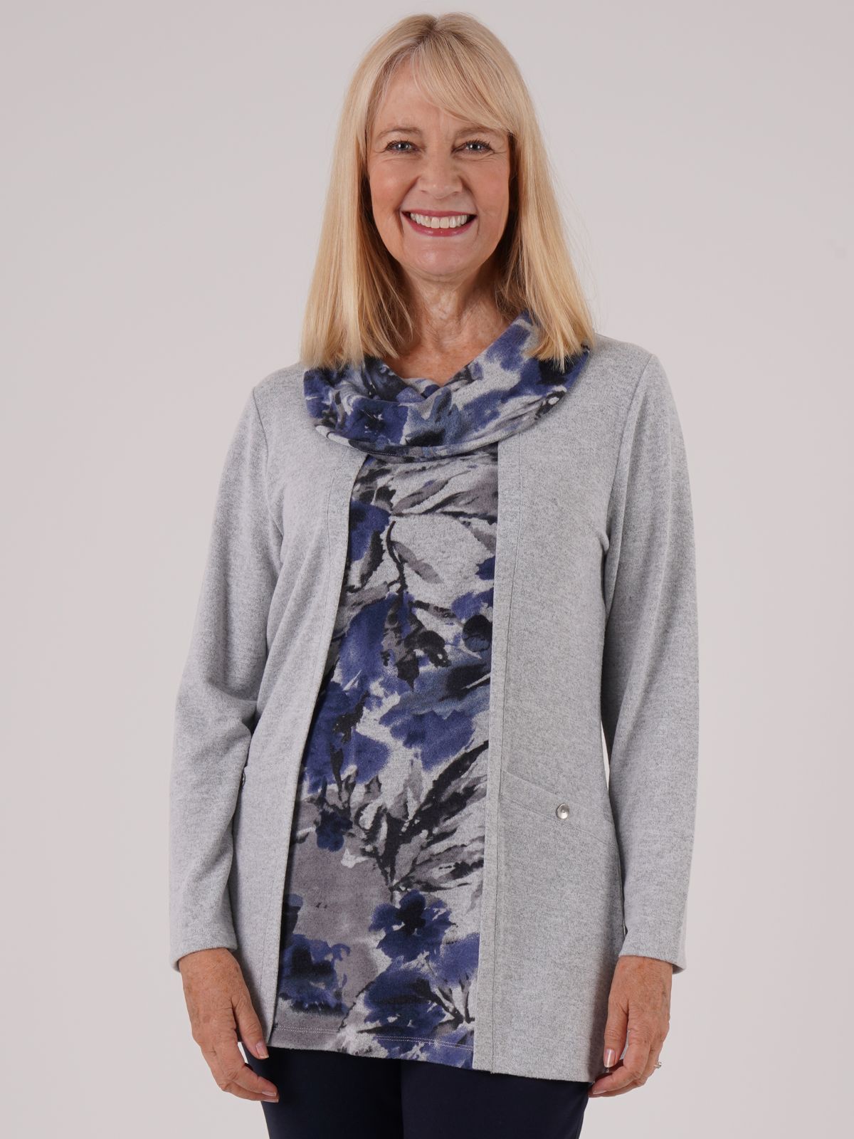 TIGI 10/12 Grey/Blue Blur Floral Mock Cowl Neck Top - T25-09D