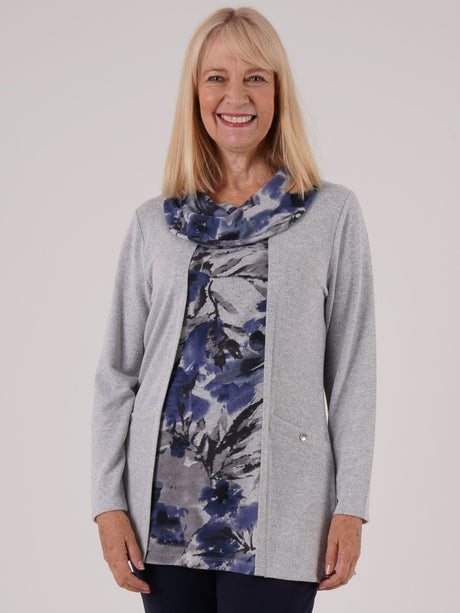 TIGI 10/12 Grey/Blue Blur Floral Mock Cowl Neck Top - T25-09D