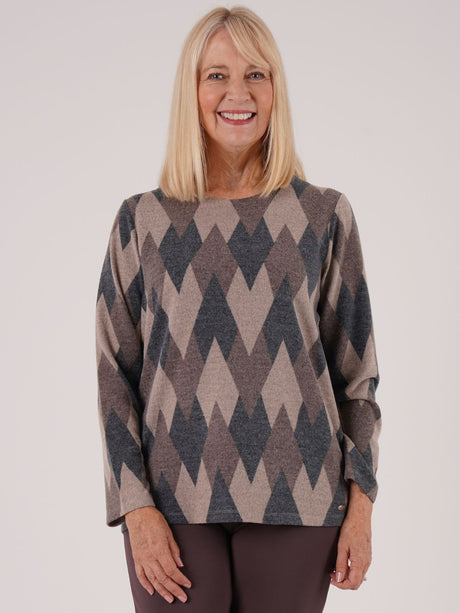 TIGI 18/20 Brown Almond Argyle Print Zip Back Top - T25-10A