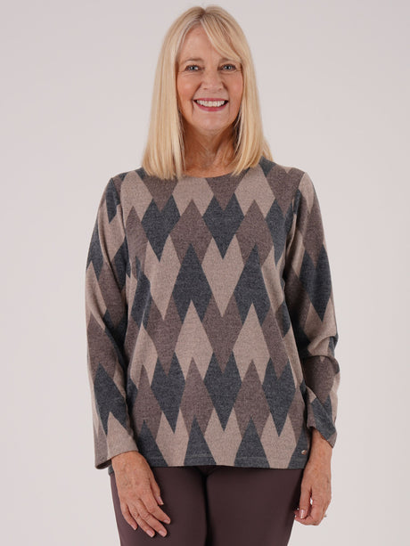 TIGI 10/12 Brown Almond Argyle Print With Zip Back Top - T25-10A