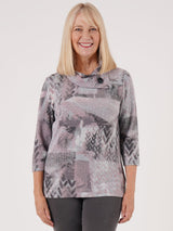 TIGI 10/12 Grey Blur Print Split Cowl Neck Top - T25-11A