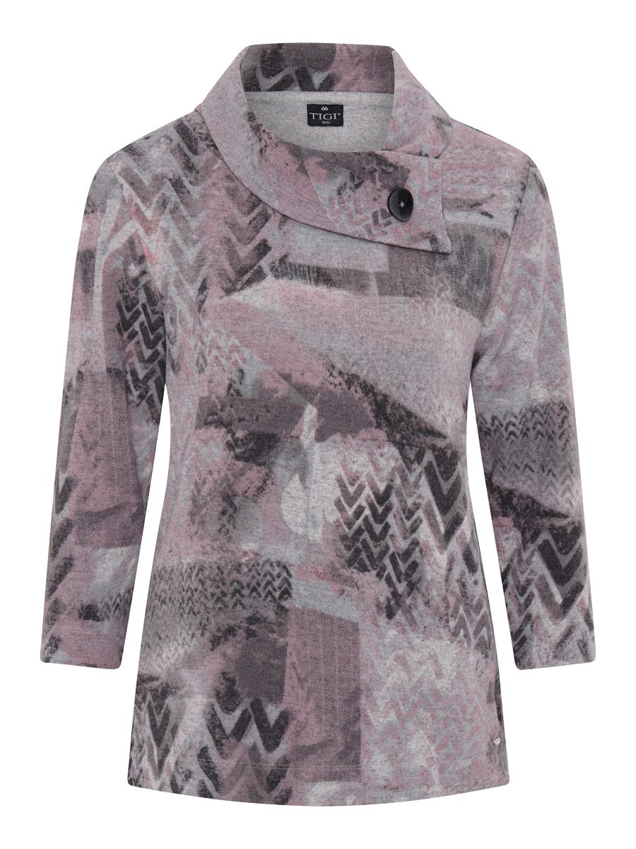 TIGI 10/12 Grey Blur Print Split Cowl Neck Top - T25-11A