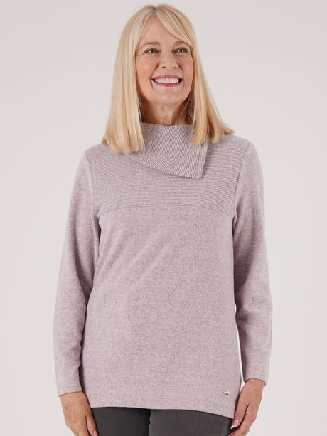 TIGI 10/12 Pink Rose Zip Split Cowl Neck Rib Top - T25-11B