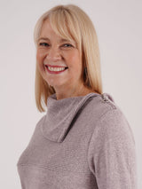 TIGI 10/12 Pink Rose Zip Split Cowl Neck Rib Top - T25-11B