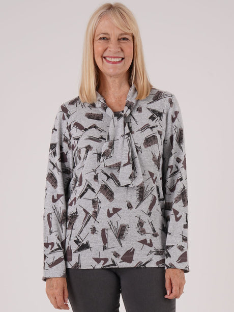 TIGI 10/12 Grey Ash Abstract Print Tie Front Top - T25-11C