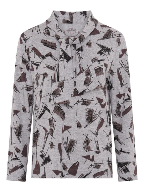 TIGI 8/10 Grey Abstract Print Tie Front Top - T25-11C