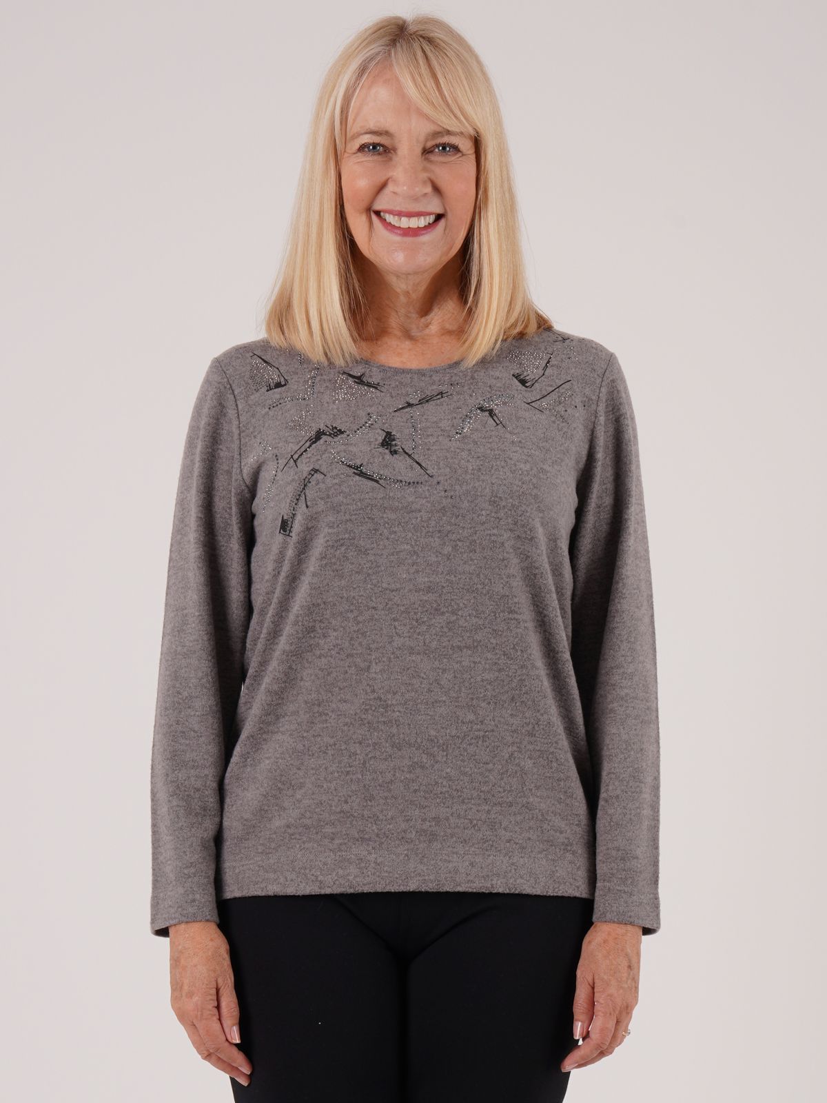 TIGI 10/12 Grey Abstract Print & Diamante Crew Neck Top - T25-11D