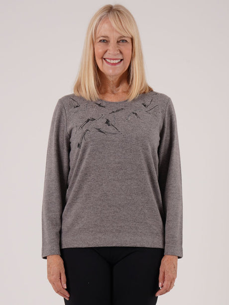 TIGI 18/20 Grey Abstract Print & Diamante Crew Neck Top - T25-11D