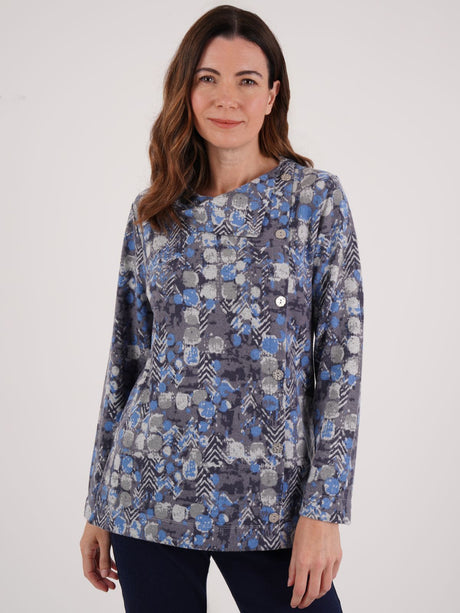 TIGI 18/20 Grey/Blue Abstract Print Button Split Cowl Neck Top - T25-12C