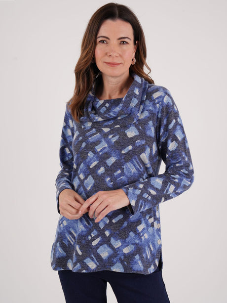 TIGI 18/20 Blue Blur Print Cowl Neck Top With Button Slit Detail - T25-12D