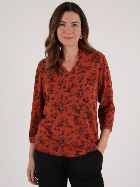 TIGI 22/24 Burnt Orange Line Floral Print High Back V-neck Top - T25-14B