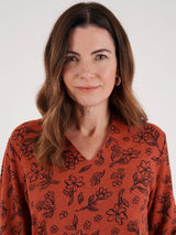 TIGI 10/12 Burnt Orange Line Floral Print High Back V-neck Top - T25-14B