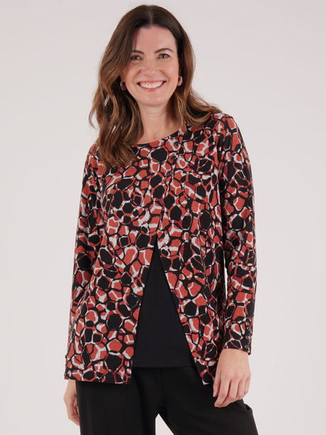 TIGI 10/12 Red Mock Cardi All Over Animal Print Top - T25-14C