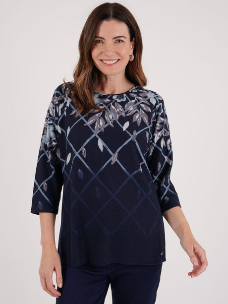 TIGI 14/16 Navy Lattice Flower Print Top - T25-15B