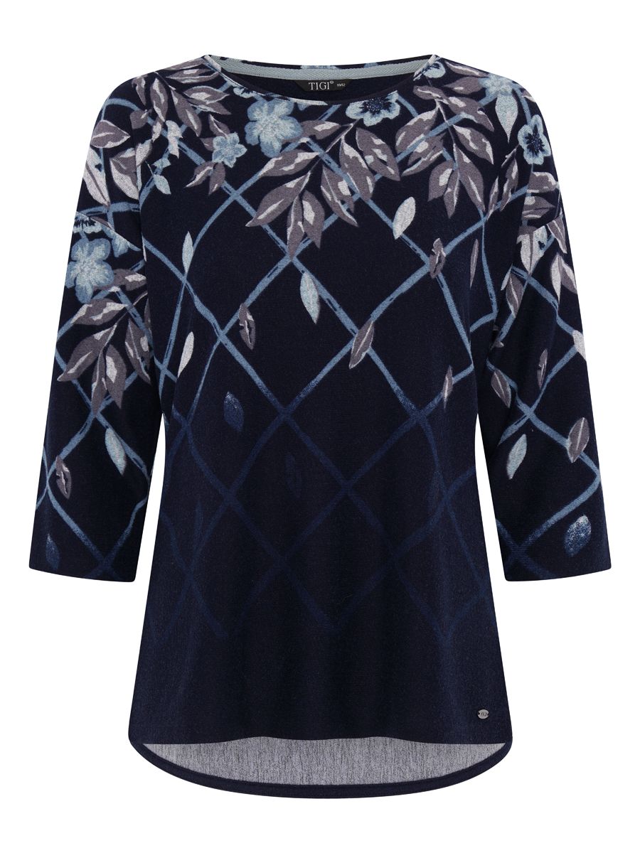 TIGI 14/16 Navy Lattice Flower Print Top - T25-15B
