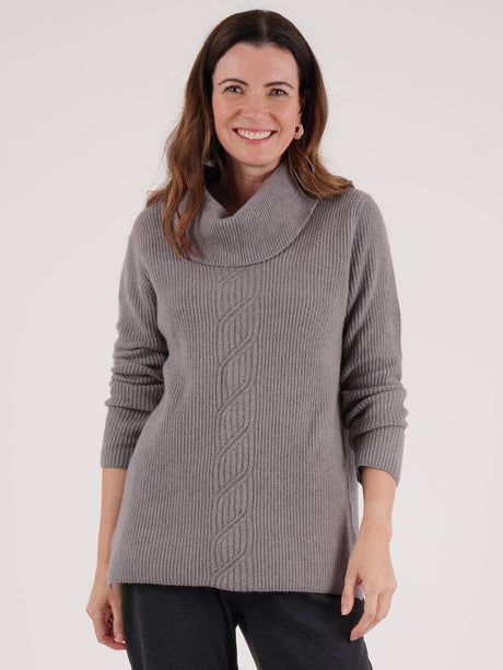TIGI 10/12 Grey Flint Cable Detail Cowl Neck Jumper - T25-16F