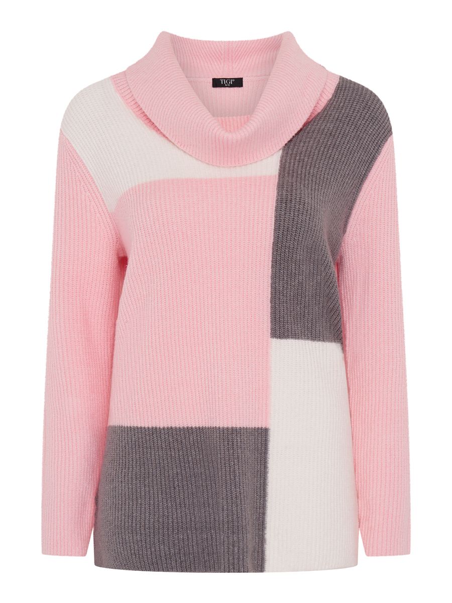 TIGI 10/12 Dusty Pink Colour Block Cowl Neck Knit Jumper - T25-16H