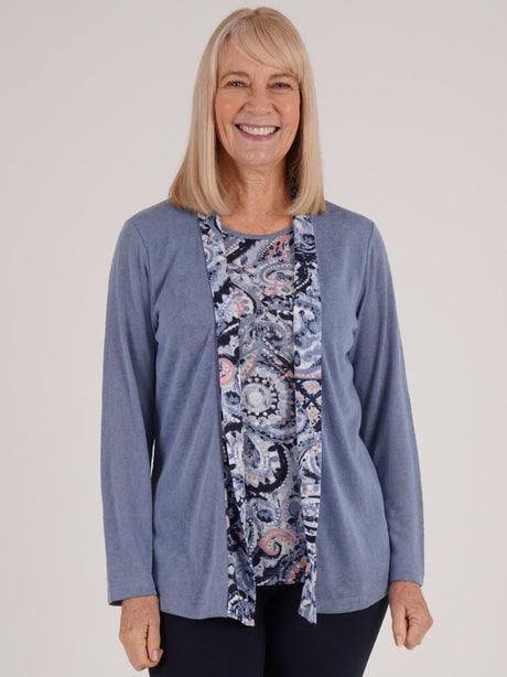 TIGI 18/20 Blue Tonal Paisley Mock Cardi Tunic - T25-30B