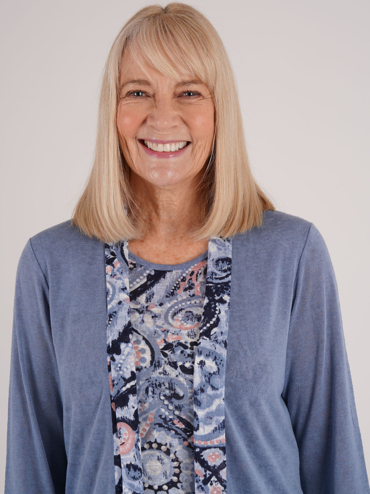 TIGI 14/16 Blue Tonal Paisley Mock Cardi Tunic - T25-30B