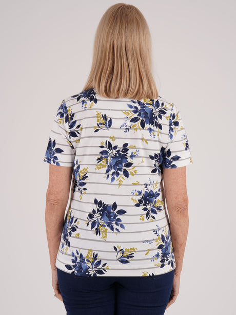 TIGI 14/16 Ivory Stripe Floral Short Sleeve Top - T25-31C