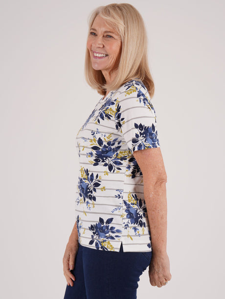 TIGI 14/16 Ivory Stripe Floral Short Sleeve Top - T25-31C
